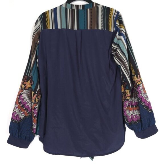 FIGUEROA & Flower Women's MEDIUM Green Pink Floral Blouse Shirt Top Boho Striped - Picture 2 of 10